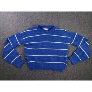 SO Sweater Womens XS Blue Striped Crewneck Lace Up Sides Cozy Knit Long Sleeve